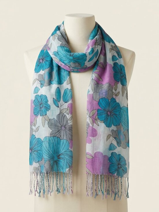 Artisan Accessories - Artisan Womens One Size Scarf Blue Purple Gauze Floral Shawl Iconic Boho Wrap